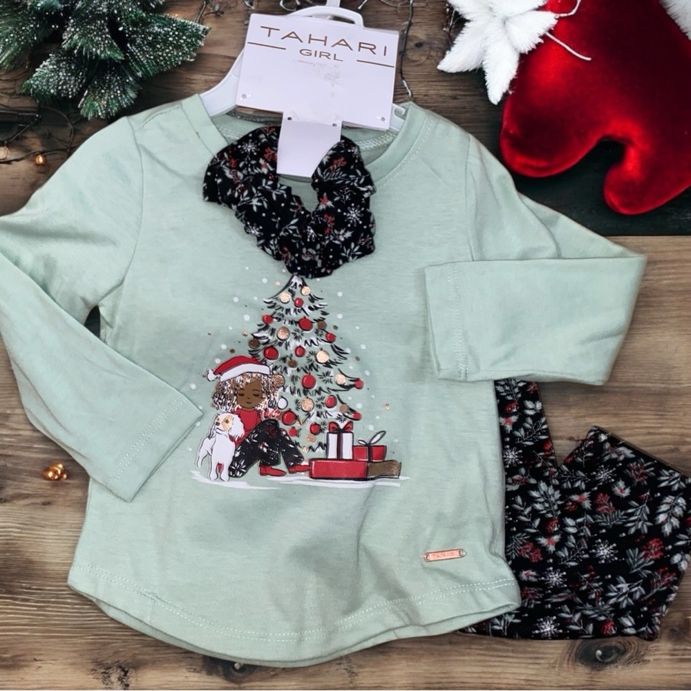 NEW TAHARI GIRLS HOLIDAY SET•L/S HOLIDAY SHIRT•FLORAL PANTS•HAIR SCRUNCHIE•S/2T